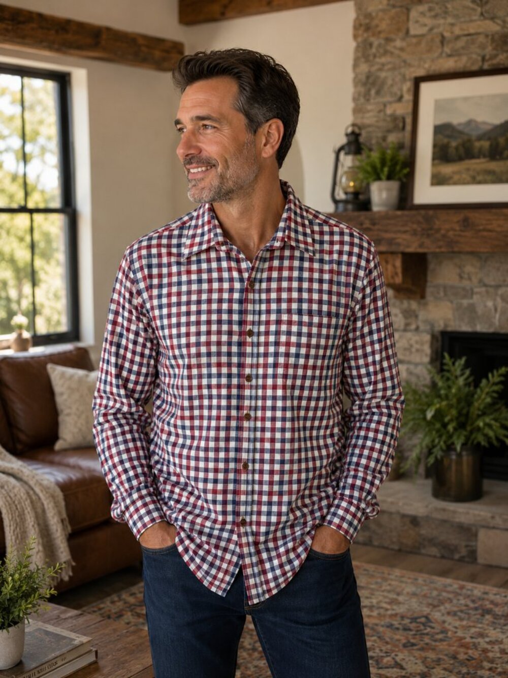Blue Mountain XLT Plaid Button Front Shirt Red Navy Cream Cotton Tall Western